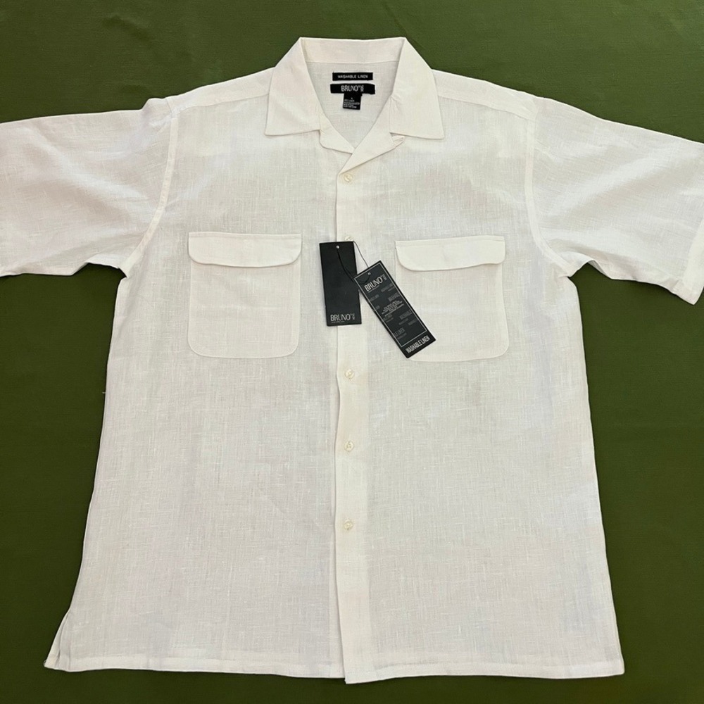 Bruno Mens L 100% Linen Shirt Short Sleeve Camp Collar White Beach Coastal